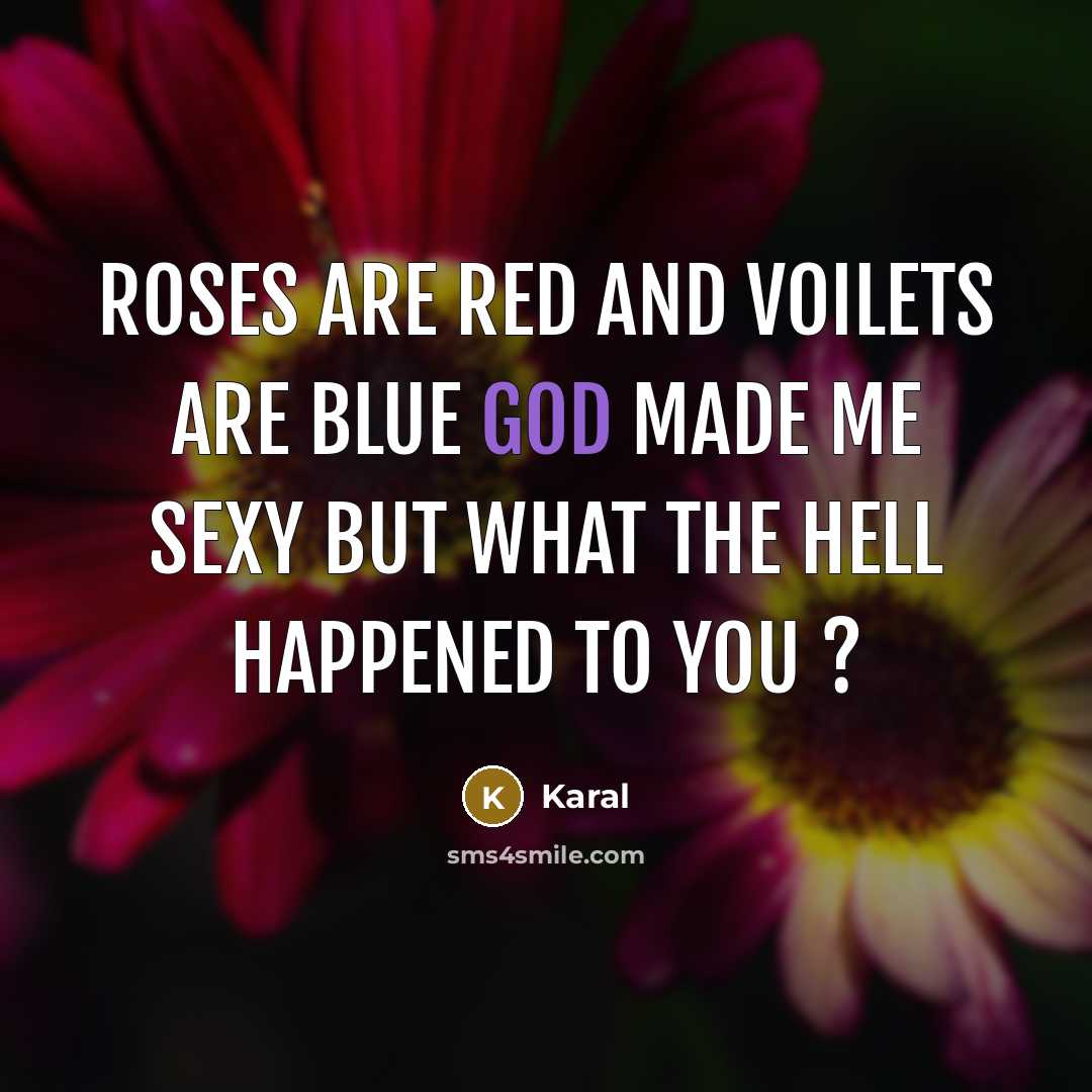 “Roses Are red And Voilets Are Blue God Made Me sexy But What The Hell Happened to You ?” quote by Karal