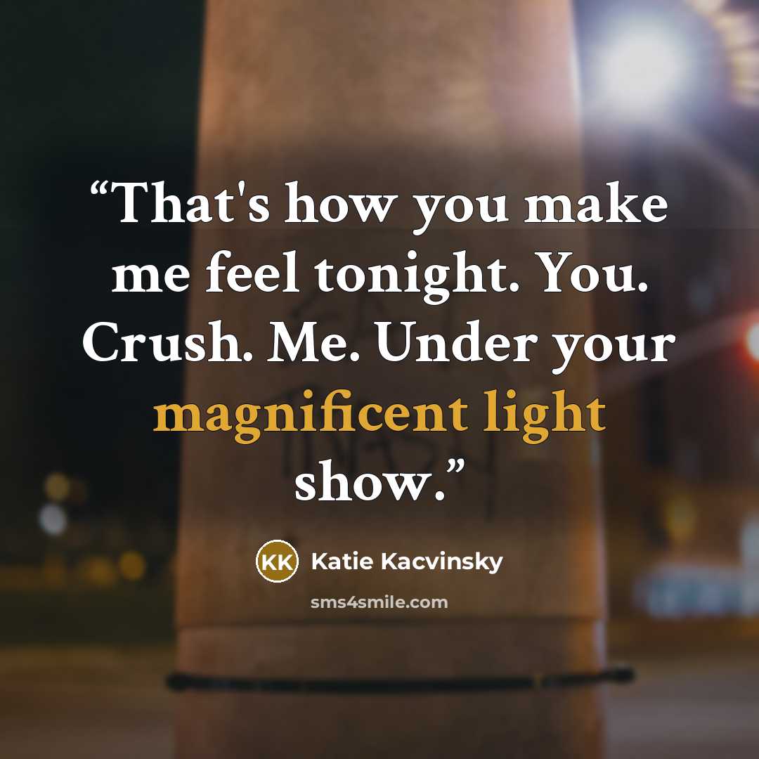 “That's how you make me feel tonight. You. Crush. Me. Under your magnificent light show.” quote by Katie Kacvinsky