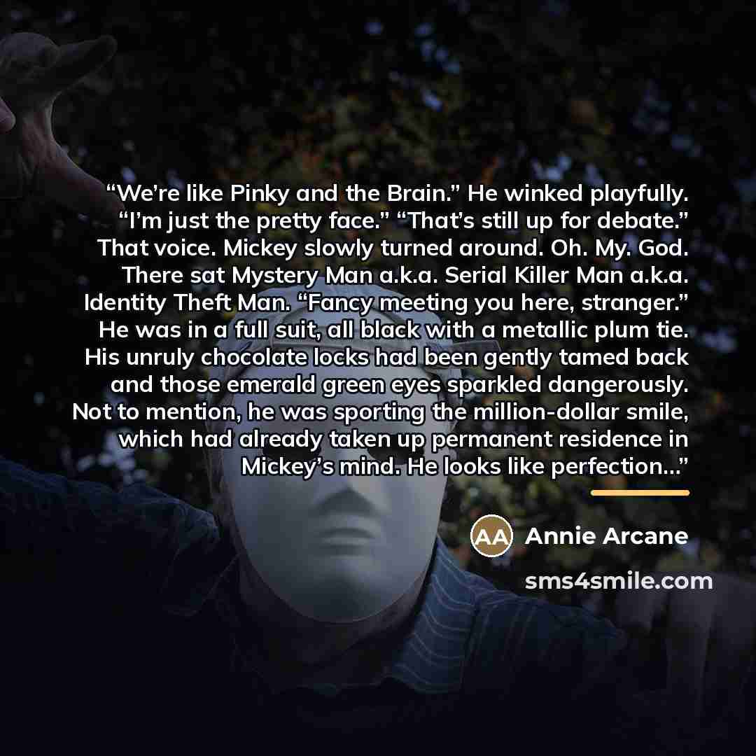 “We’re like Pinky and the Brain.” He winked playfully. “I’m just the pretty face.” “That’s still up for debate.” That voice. Mickey slowly turned around. Oh. My. God. There sat Mystery Man a.k.a. Serial Killer Man a.k.a. Identity Theft Man. “Fancy meeting you here, stranger.” He was in a full suit…” quote by Annie Arcane