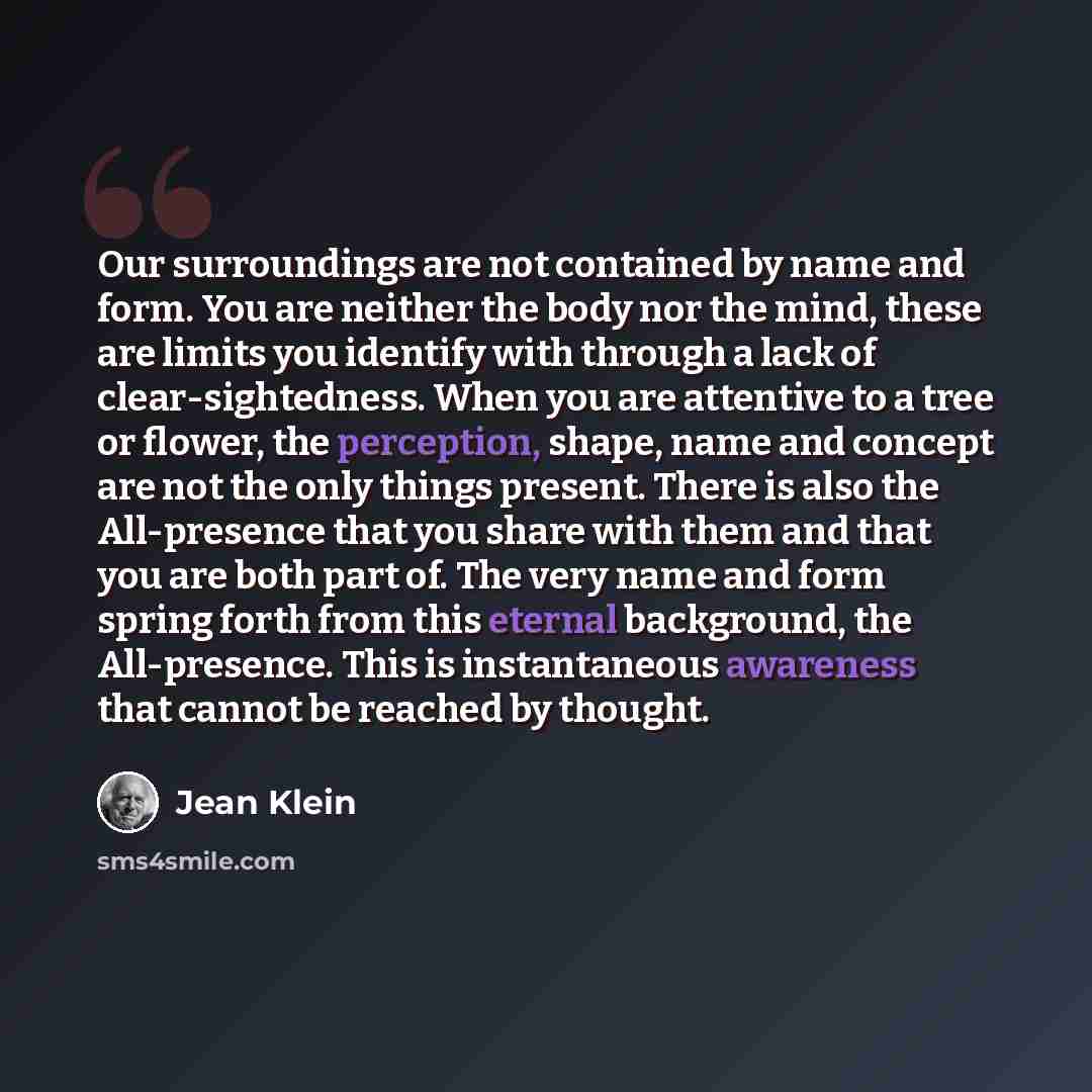 “Our surroundings are not contained by name and form. You are neither the body nor the mind, these are limits you identify with through a lack of clear-sightedness. When you are attentive to a tree or flower, the perception, shape, name and concept are not the only things present. There is also the…” quote by Jean Klein