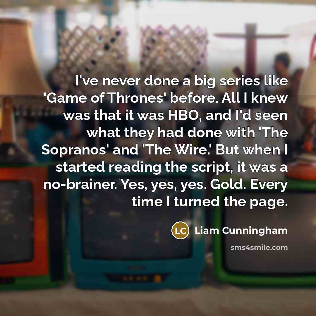 “I've never done a big series like 'Game of Thrones' before. All I knew was that it was HBO, and I'd seen what they had done with 'The Sopranos' and 'The Wire.' But when I started reading the script, it was a no-brainer. Yes, yes, yes. Gold. Every time I turned the page.” quote by Liam Cunningham