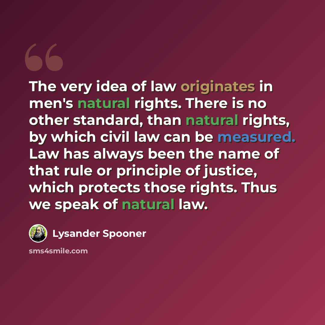 “The very idea of law originates in men's natural rights. There is no other standard, than natural rights, by which civil law can be measured. Law has always been the name of that rule or principle of justice, which protects those rights. Thus we speak of natural law.” quote by Lysander Spooner