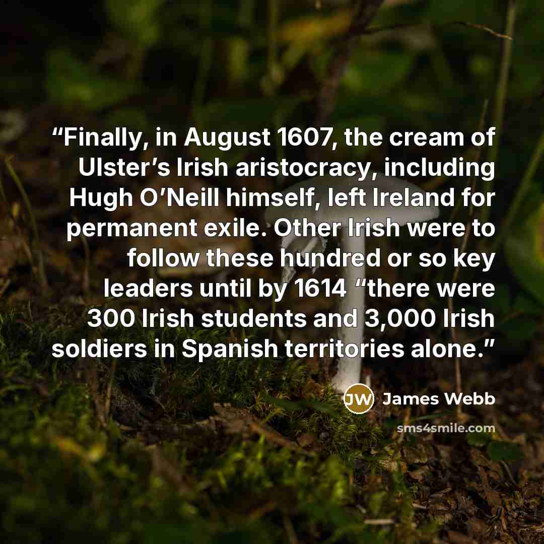 “Finally, in August 1607, the cream of Ulster’s Irish aristocracy, including Hugh O’Neill himself, left Ireland for permanent exile. Other Irish were to follow these hundred or so key leaders until by 1614 “there were 300 Irish students and 3,000 Irish soldiers in Spanish territories alone.” quote by James Webb
