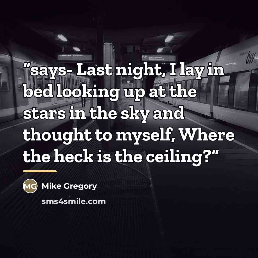 “says- Last night, I lay in bed looking up at the stars in the sky and thought to myself, Where the heck is the ceiling?” quote by Mike Gregory