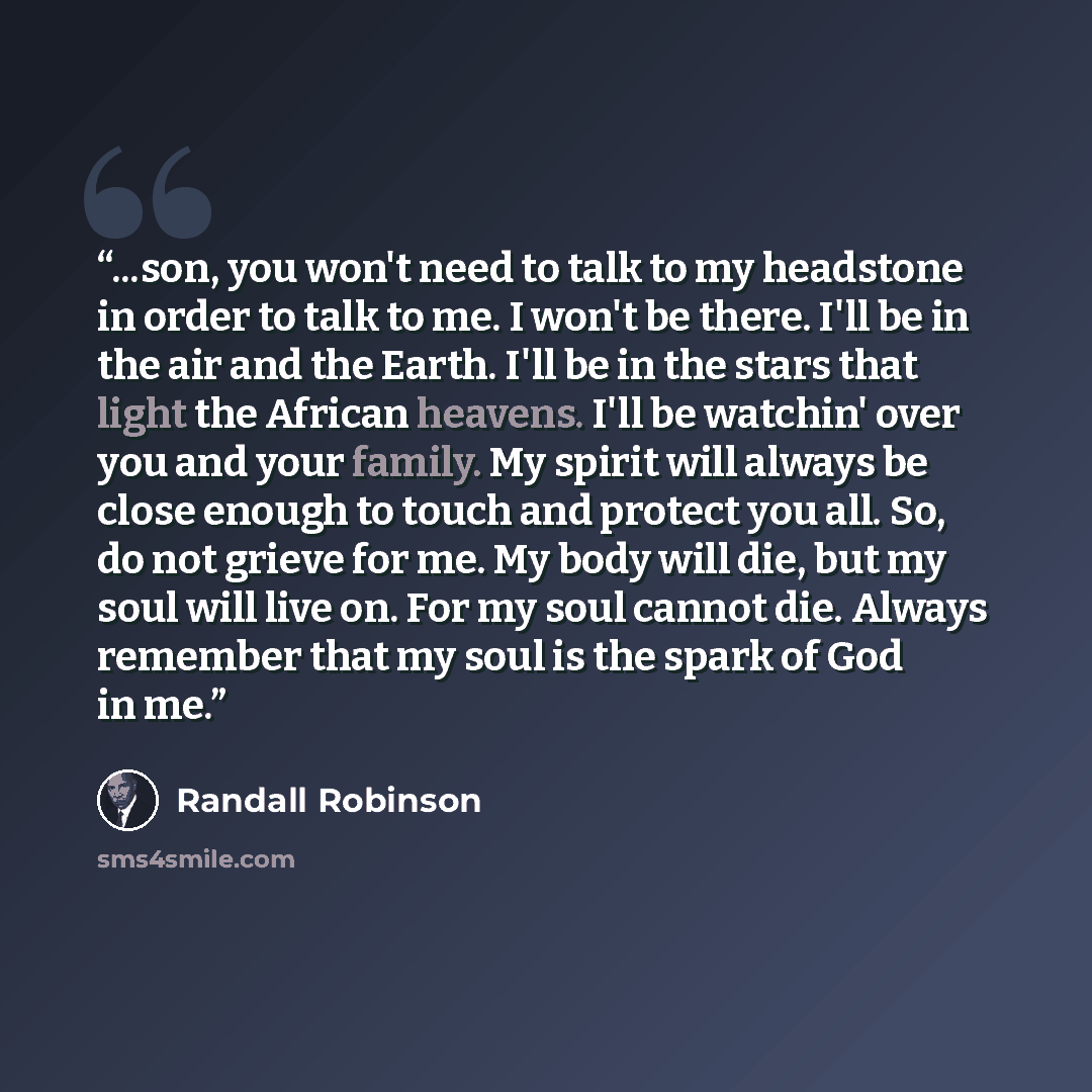 “...son, you won't need to talk to my headstone in order to talk to me. I won't be there. I'll be in the air and the Earth. I'll be in the stars that light the African heavens. I'll be watchin' over you and your family. My spirit will always be close enough to touch and protect you all. So, do not…” quote by Randall Robinson