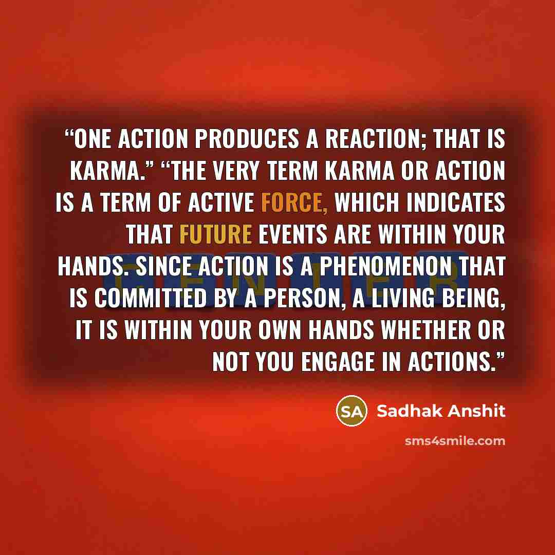 “One action produces a reaction; that is karma.” “The very term karma or action is a term of active force, which indicates that future events are within your hands. Since action is a phenomenon that is committed by a person, a living being, it is within your own hands whether or not you engage in…” quote by Sadhak Anshit