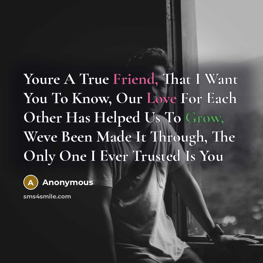 “Youre A True Friend, That I Want You To Know, Our Love For Each Other Has Helped Us To Grow, Weve Been Made It Through, The Only One I Ever Trusted Is You” quote by Anonymous