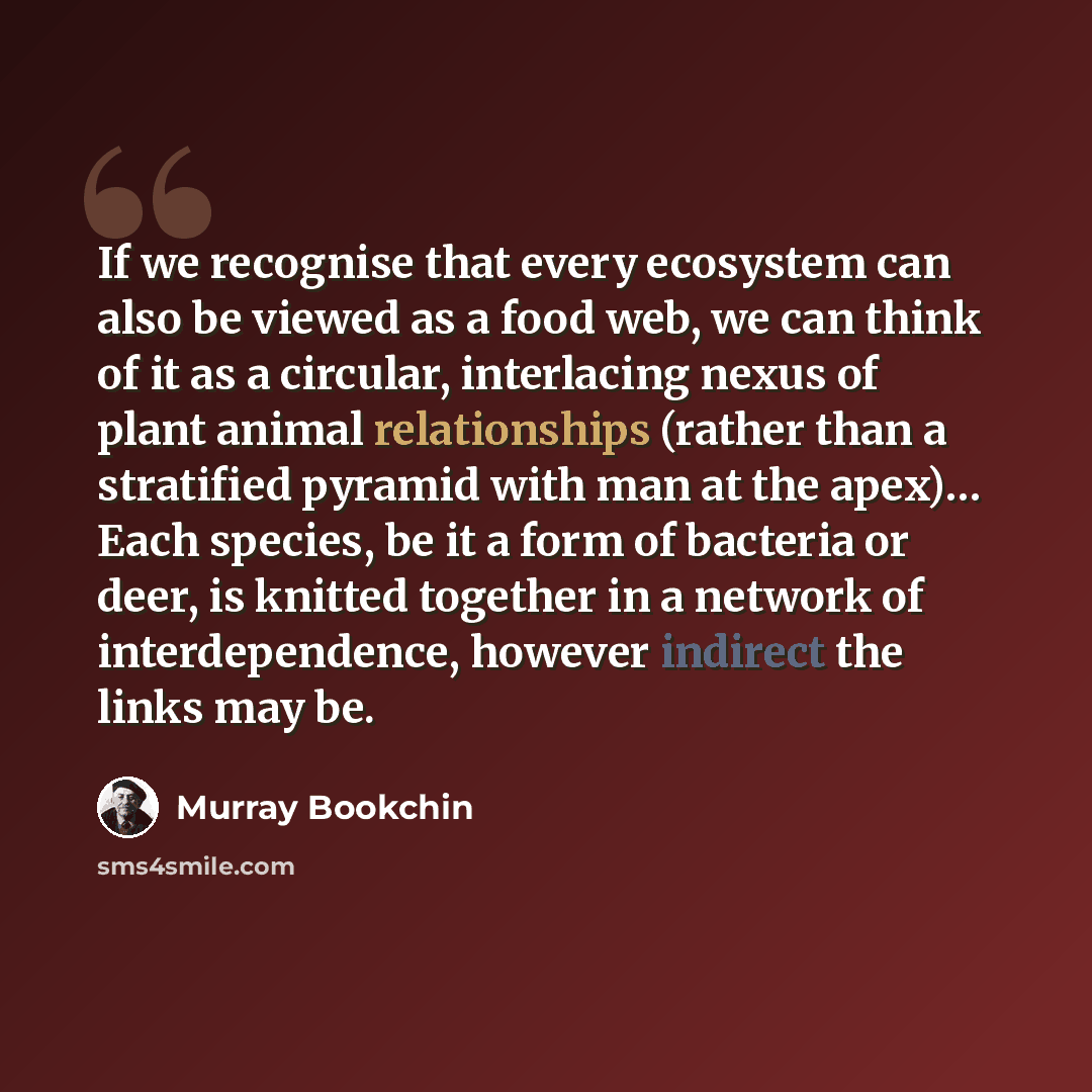 “If we recognise that every ecosystem can also be viewed as a food web, we can think of it as a circular, interlacing nexus of plant animal relationships (rather than a stratified pyramid with man at the apex)… Each species, be it a form of bacteria or deer, is knitted together in a network of…” quote by Murray Bookchin