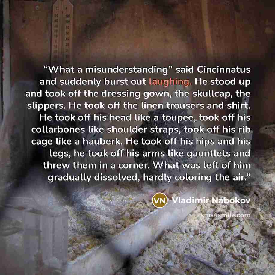 “What a misunderstanding” said Cincinnatus and suddenly burst out laughing. He stood up and took off the dressing gown, the skullcap, the slippers. He took off the linen trousers and shirt. He took off his head like a toupee, took off his collarbones like shoulder straps, took off his rib cage like…” quote by Vladimir Nabokov