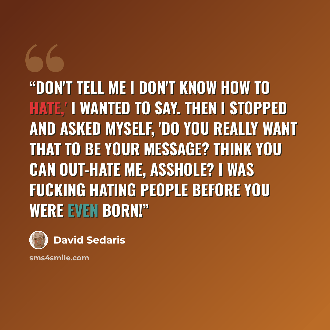 “Don't tell me I don't know how to hate,' I wanted to say. Then I stopped and asked myself, 'Do you really want that to be your message? Think you can out-hate me, asshole? I was fucking hating people before you were even born!” quote by David Sedaris