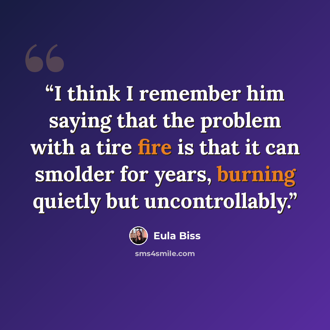 “I think I remember him saying that the problem with a tire fire is that it can smolder for years, burning quietly but uncontrollably.” quote by Eula Biss