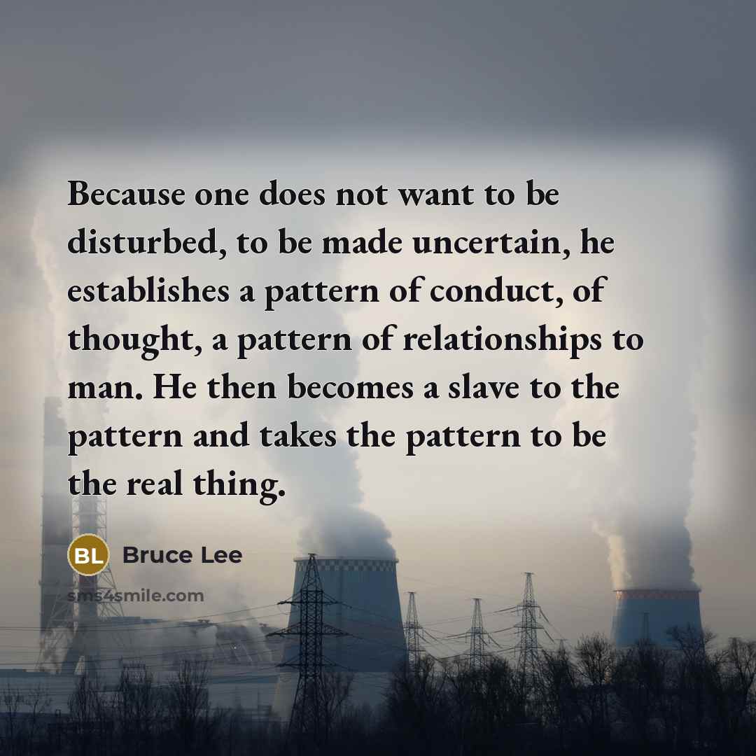 “Because one does not want to be disturbed, to be made uncertain, he establishes a pattern of conduct, of thought, a pattern of relationships to man. He then becomes a slave to the pattern and takes the pattern to be the real thing.” quote by Bruce Lee