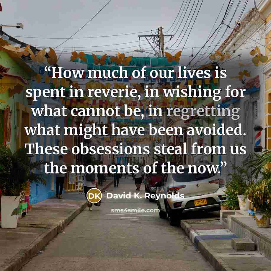 “How much of our lives is spent in reverie, in wishing for what cannot be, in regretting what might have been avoided. These obsessions steal from us the moments of the now.” quote by David K. Reynolds