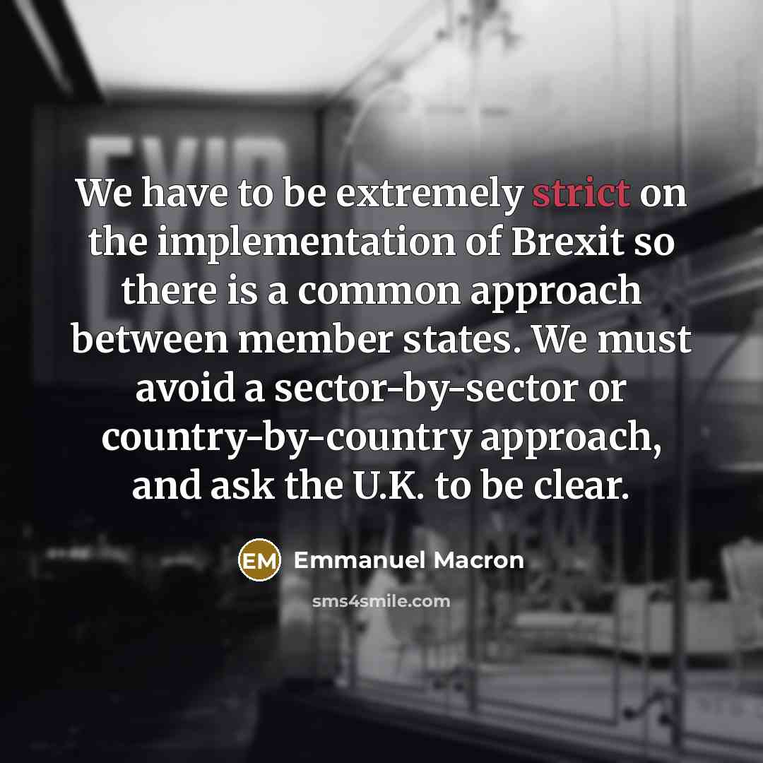 “We have to be extremely strict on the implementation of Brexit so there is a common approach between member states. We must avoid a sector-by-sector or country-by-country approach, and ask the U.K. to be clear.” quote by Emmanuel Macron
