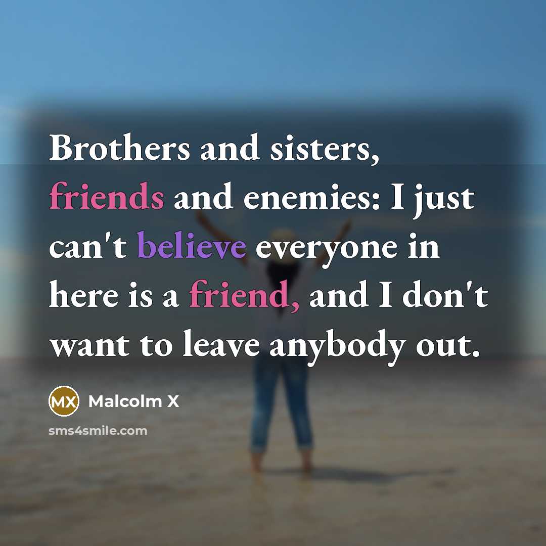 “Brothers and sisters, friends and enemies: I just can't believe everyone in here is a friend, and I don't want to leave anybody out.” quote by Malcolm X