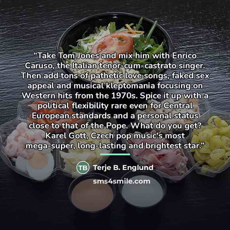 “Take Tom Jones and mix him with Enrico Caruso, the Italian tenor-cum-castrato singer. Then add tons of pathetic love songs, faked sex appeal and musical kleptomania focusing on Western hits from the 1970s. Spice it up with a political flexibility rare even for Central European standards and a…” quote by Terje B. Englund