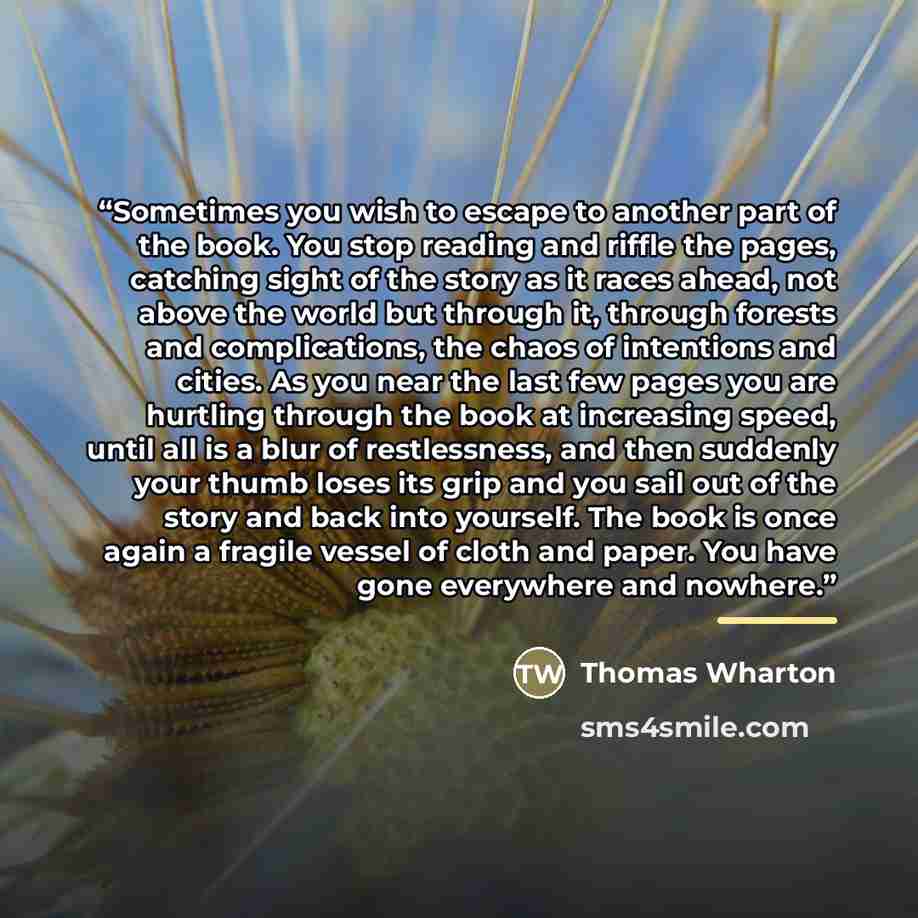 “Sometimes you wish to escape to another part of the book. You stop reading and riffle the pages, catching sight of the story as it races ahead, not above the world but through it, through forests and complications, the chaos of intentions and cities. As you near the last few pages you are hurtling…” quote by Thomas Wharton
