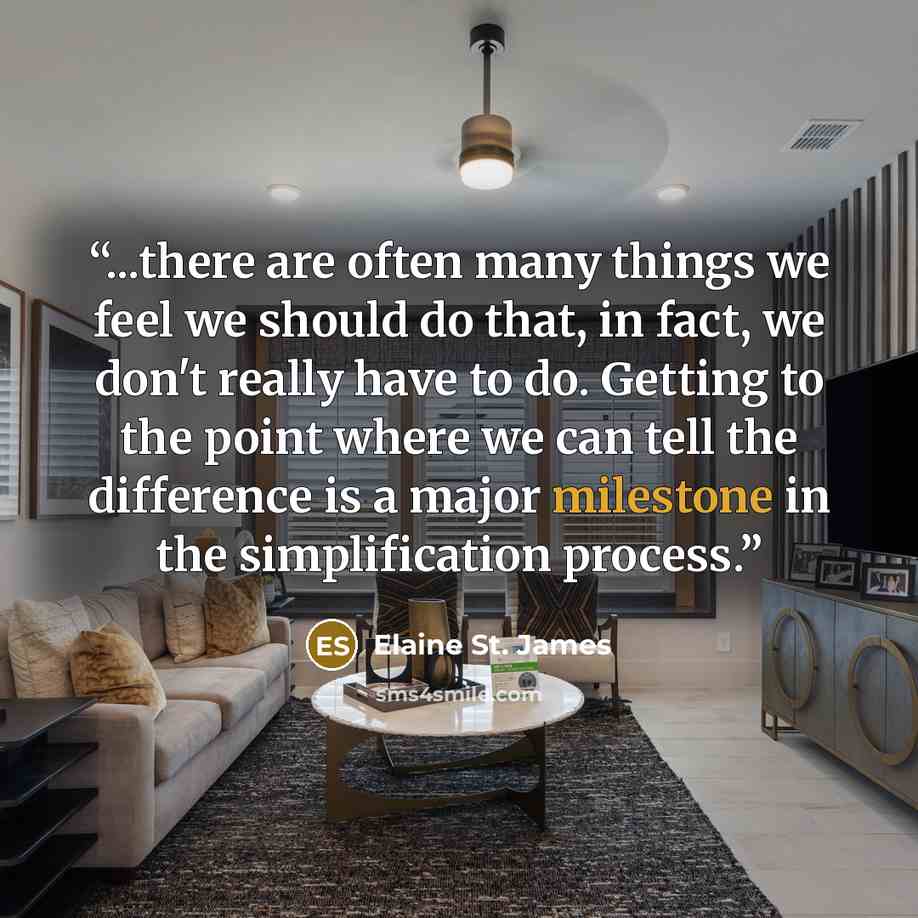 “...there are often many things we feel we should do that, in fact, we don't really have to do. Getting to the point where we can tell the difference is a major milestone in the simplification process.” quote by Elaine St. James
