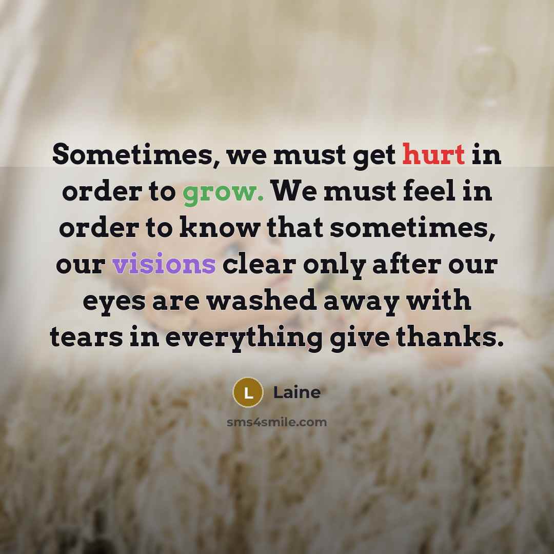 “Sometimes, we must get hurt in order to grow. We must feel in order to know that sometimes, our visions clear only after our eyes are washed away with tears in everything give thanks.” quote by Laine