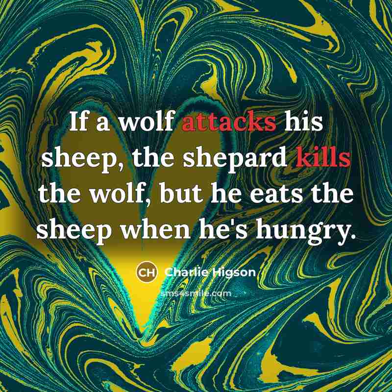 “If a wolf attacks his sheep, the shepard kills the wolf, but he eats the sheep when he's hungry.” quote by Charlie Higson