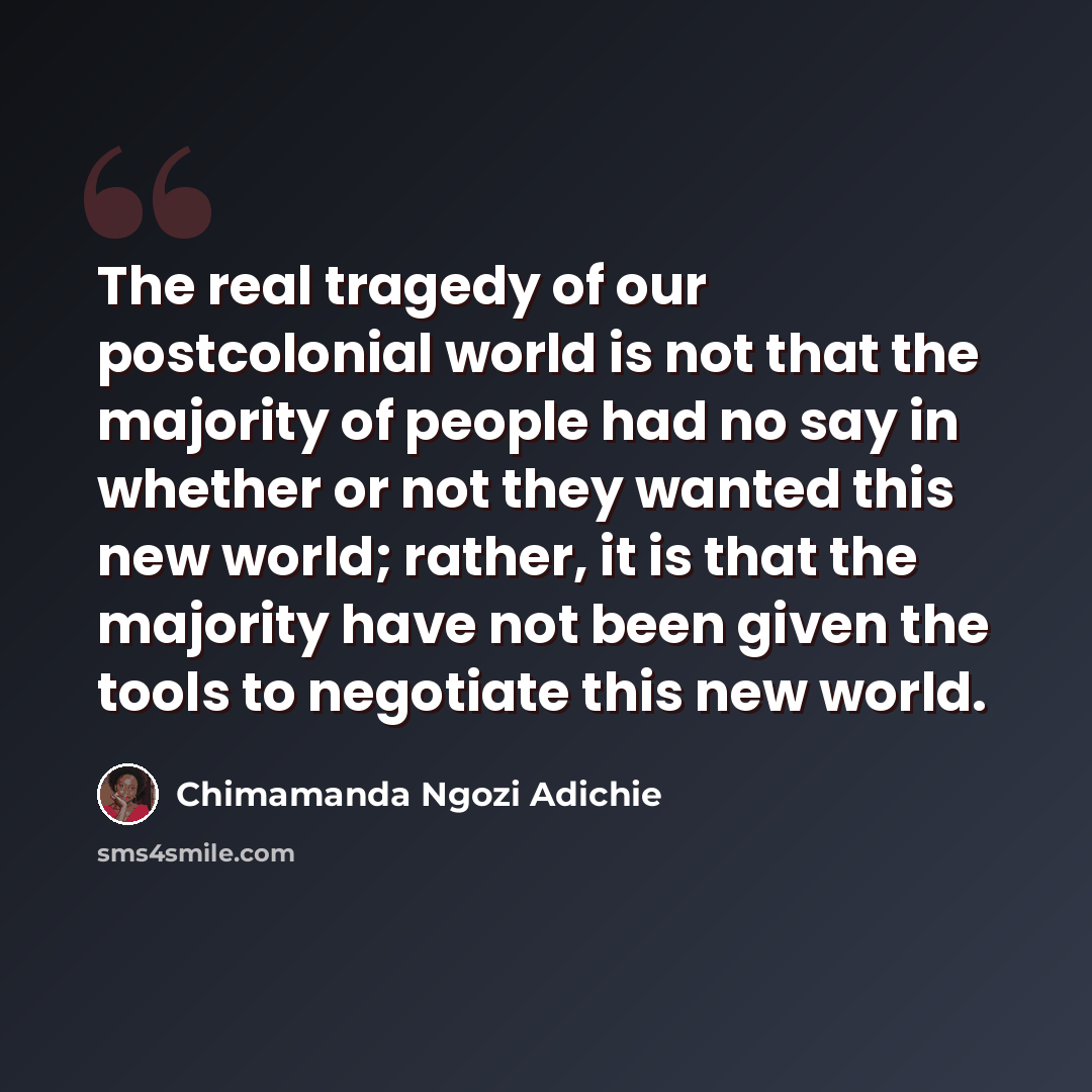 “The real tragedy of our postcolonial world is not that the majority of people had no say in whether or not they wanted this new world; rather, it is that the majority have not been given the tools to negotiate this new world.” quote by Chimamanda Ngozi Adichie