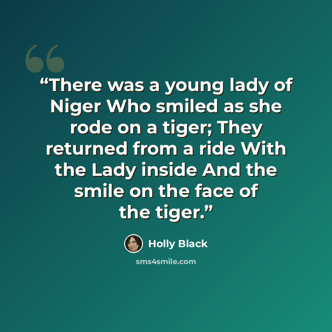 “There was a young lady of Niger Who smiled as she rode on a tiger; They returned from a ride With the Lady inside And the smile on the face of the tiger.” quote by Holly Black