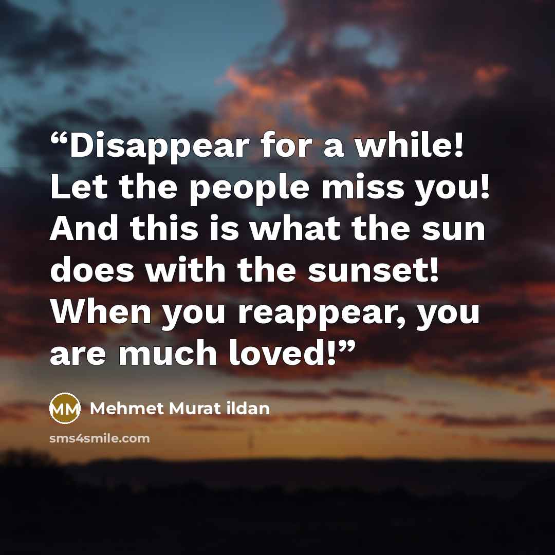 “Disappear for a while! Let the people miss you! And this is what the sun does with the sunset! When you reappear, you are much loved!” quote by Mehmet Murat ildan