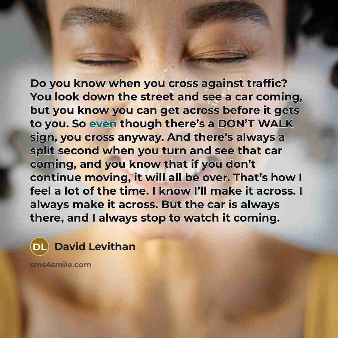 “Do you know when you cross against traffic? You look down the street and see a car coming, but you know you can get across before it gets to you. So even though there’s a DON’T WALK sign, you cross anyway. And there’s always a split second when you turn and see that car coming, and you know that…” quote by David Levithan