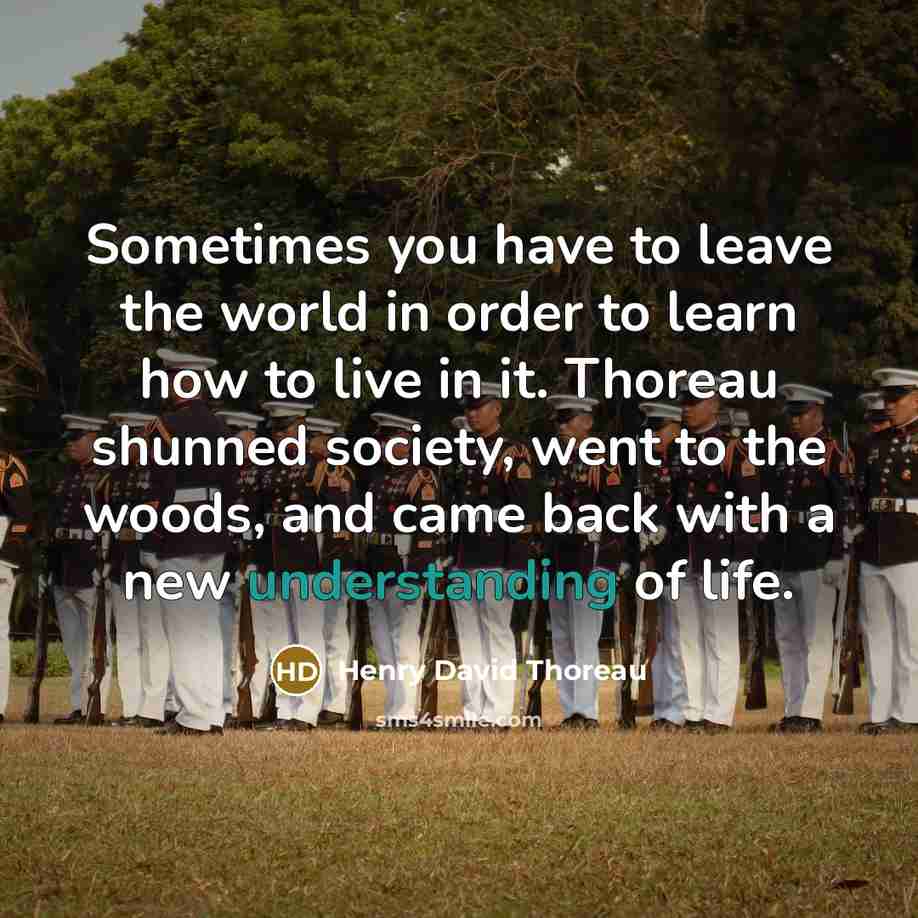 “Sometimes you have to leave the world in order to learn how to live in it. Thoreau shunned society, went to the woods, and came back with a new understanding of life.” quote by Henry David Thoreau