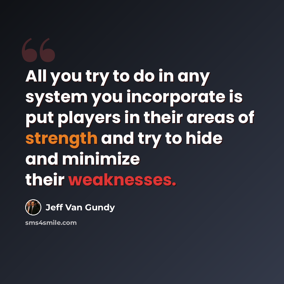 “All you try to do in any system you incorporate is put players in their areas of strength and try to hide and minimize their weaknesses.” quote by Jeff Van Gundy