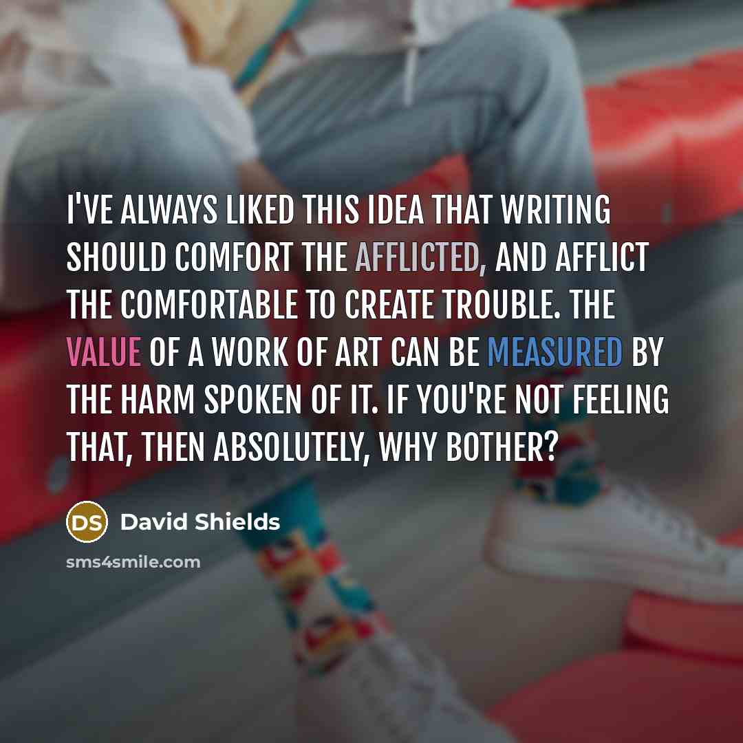 “I've always liked this idea that writing should comfort the afflicted, and afflict the comfortable to create trouble. The value of a work of art can be measured by the harm spoken of it. If you're not feeling that, then absolutely, why bother?” quote by David Shields