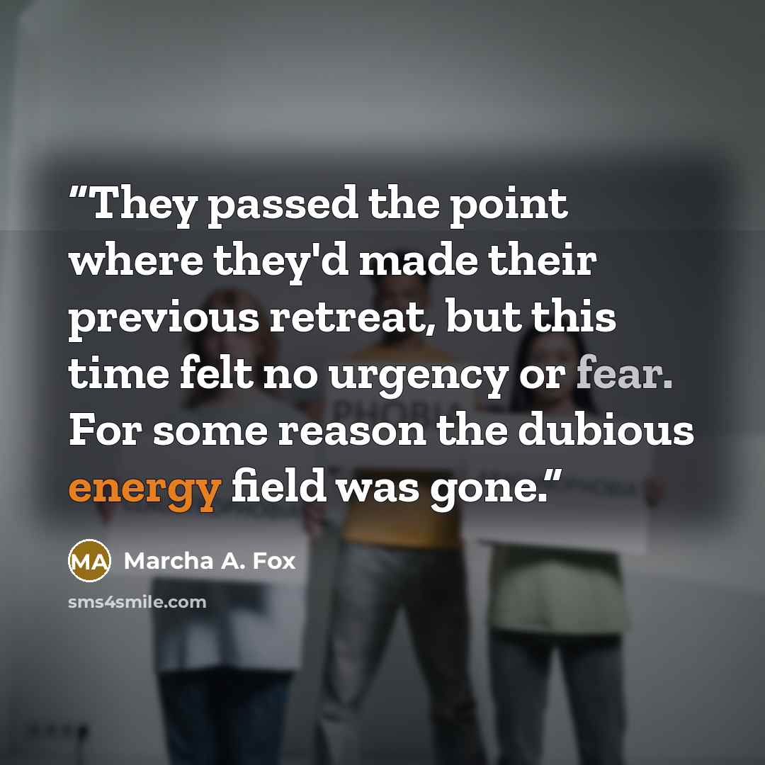 “They passed the point where they'd made their previous retreat, but this time felt no urgency or fear. For some reason the dubious energy field was gone.” quote by Marcha A. Fox