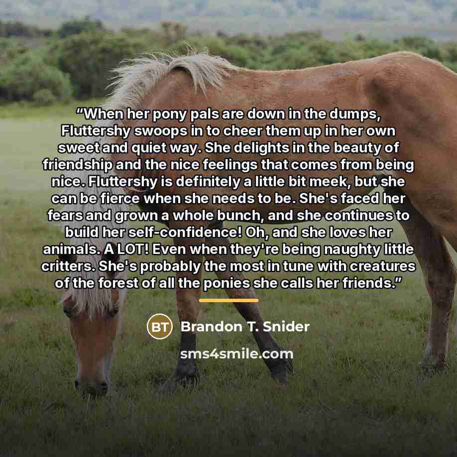“When her pony pals are down in the dumps, Fluttershy swoops in to cheer them up in her own sweet and quiet way. She delights in the beauty of friendship and the nice feelings that comes from being nice. Fluttershy is definitely a little bit meek, but she can be fierce when she needs to be. She's…” quote by Brandon T. Snider