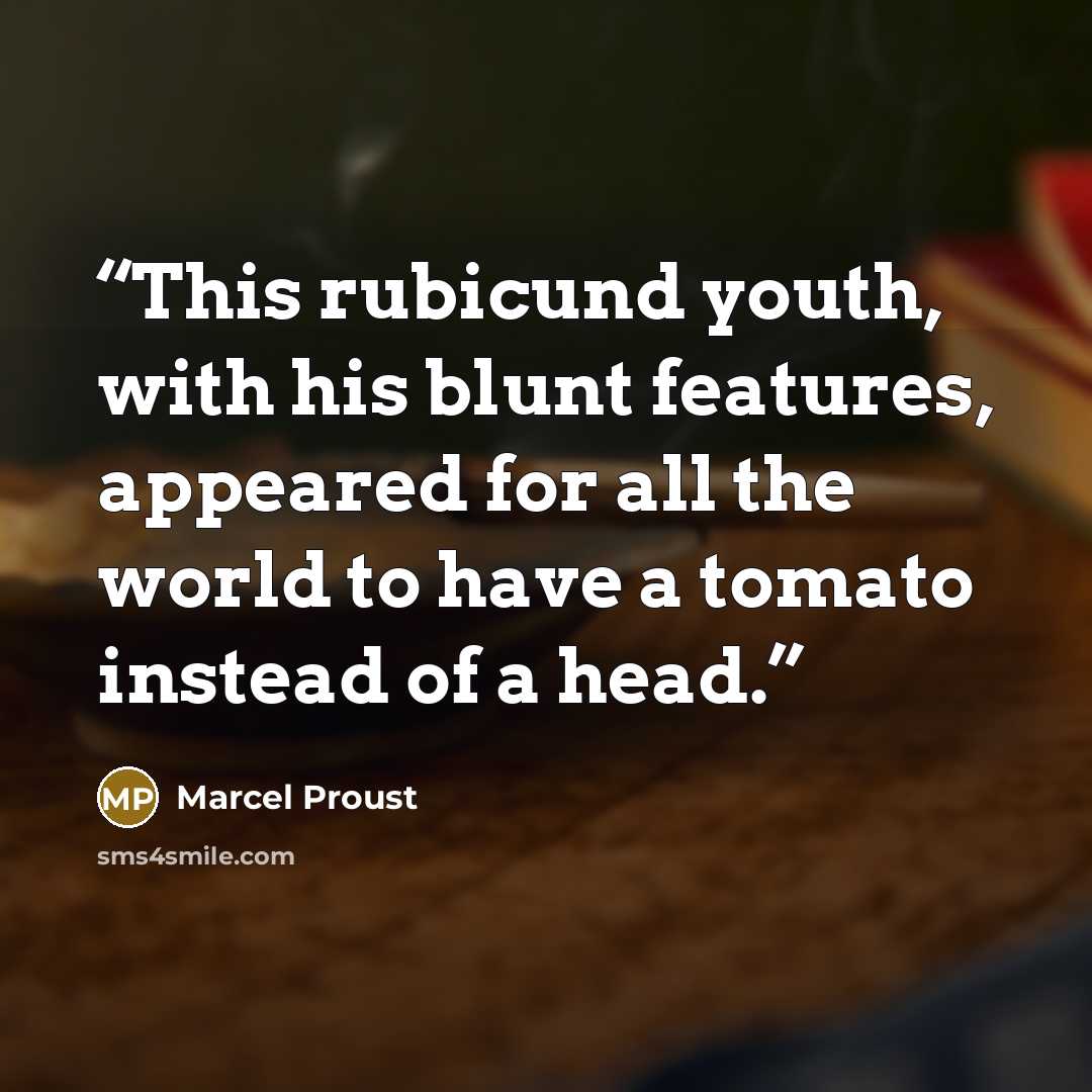 “This rubicund youth, with his blunt features, appeared for all the world to have a tomato instead of a head.” quote by Marcel Proust