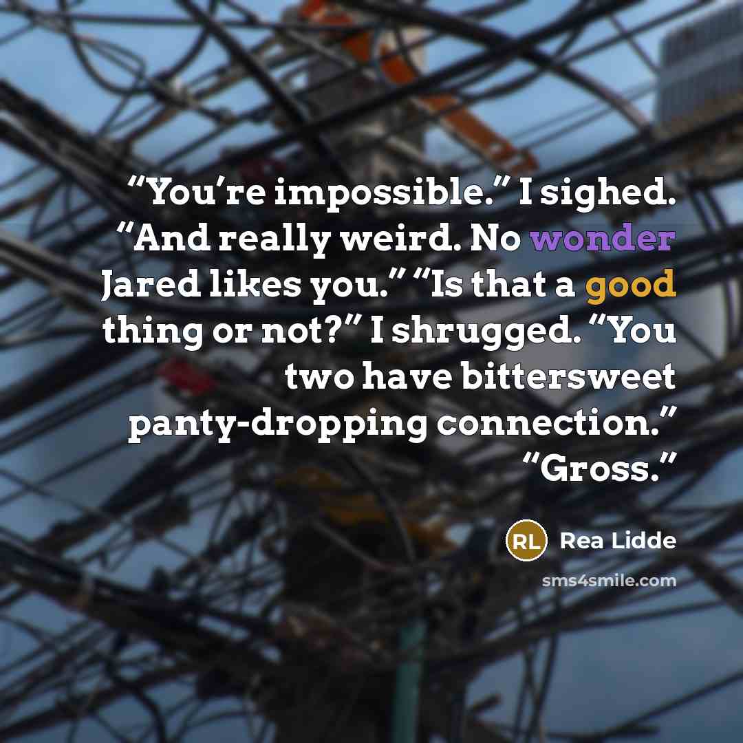 “You’re impossible.” I sighed. “And really weird. No wonder Jared likes you.” “Is that a good thing or not?” I shrugged. “You two have bittersweet panty-dropping connection.” “Gross.” quote by Rea Lidde