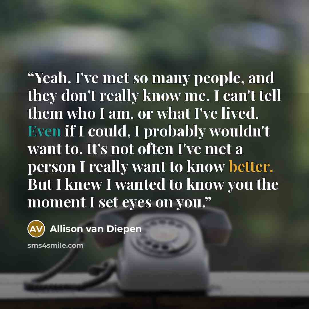 “Yeah. I've met so many people, and they don't really know me. I can't tell them who I am, or what I've lived. Even if I could, I probably wouldn't want to. It's not often I've met a person I really want to know better. But I knew I wanted to know you the moment I set eyes on you.” quote by allison van diepen