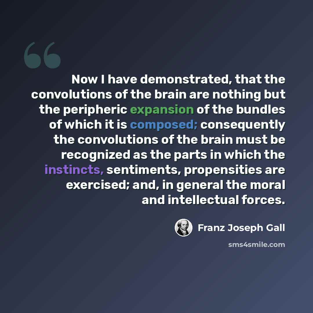 “Now I have demonstrated, that the convolutions of the brain are nothing but the peripheric expansion of the bundles of which it is composed; consequently the convolutions of the brain must be recognized as the parts in which the instincts, sentiments, propensities are exercised; and, in general…” quote by Franz Joseph Gall