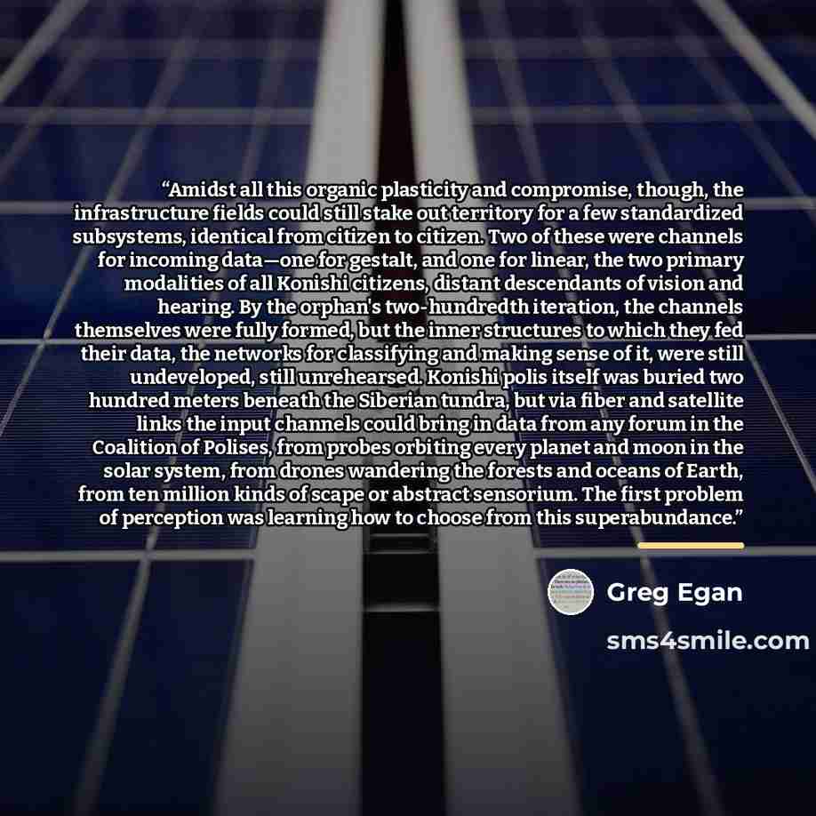 “Amidst all this organic plasticity and compromise, though, the infrastructure fields could still stake out territory for a few standardized subsystems, identical from citizen to citizen. Two of these were channels for incoming data—one for gestalt, and one for linear, the two primary modalities of…” quote by Greg Egan
