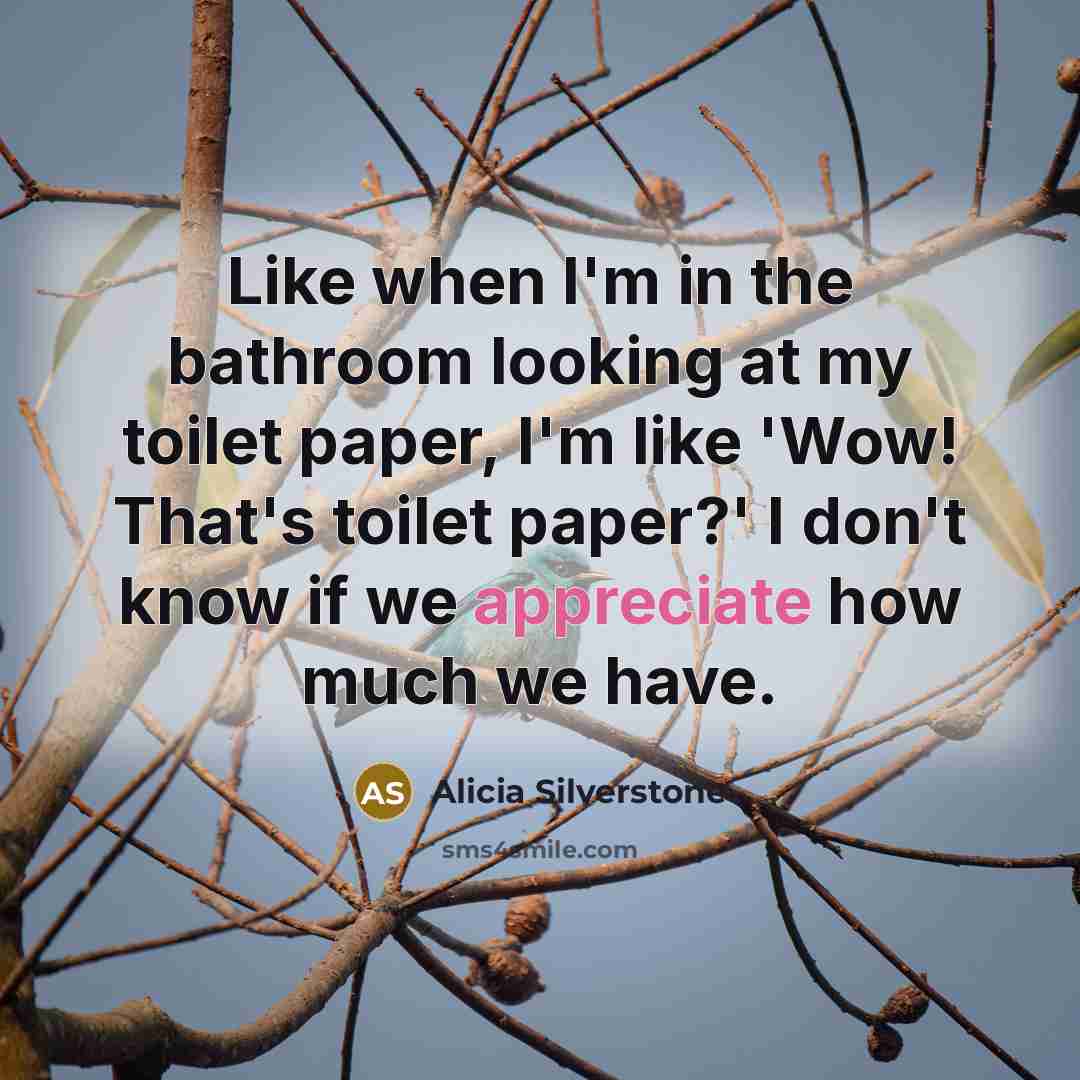 “Like when I'm in the bathroom looking at my toilet paper, I'm like 'Wow! That's toilet paper?' I don't know if we appreciate how much we have.” quote by Alicia Silverstone