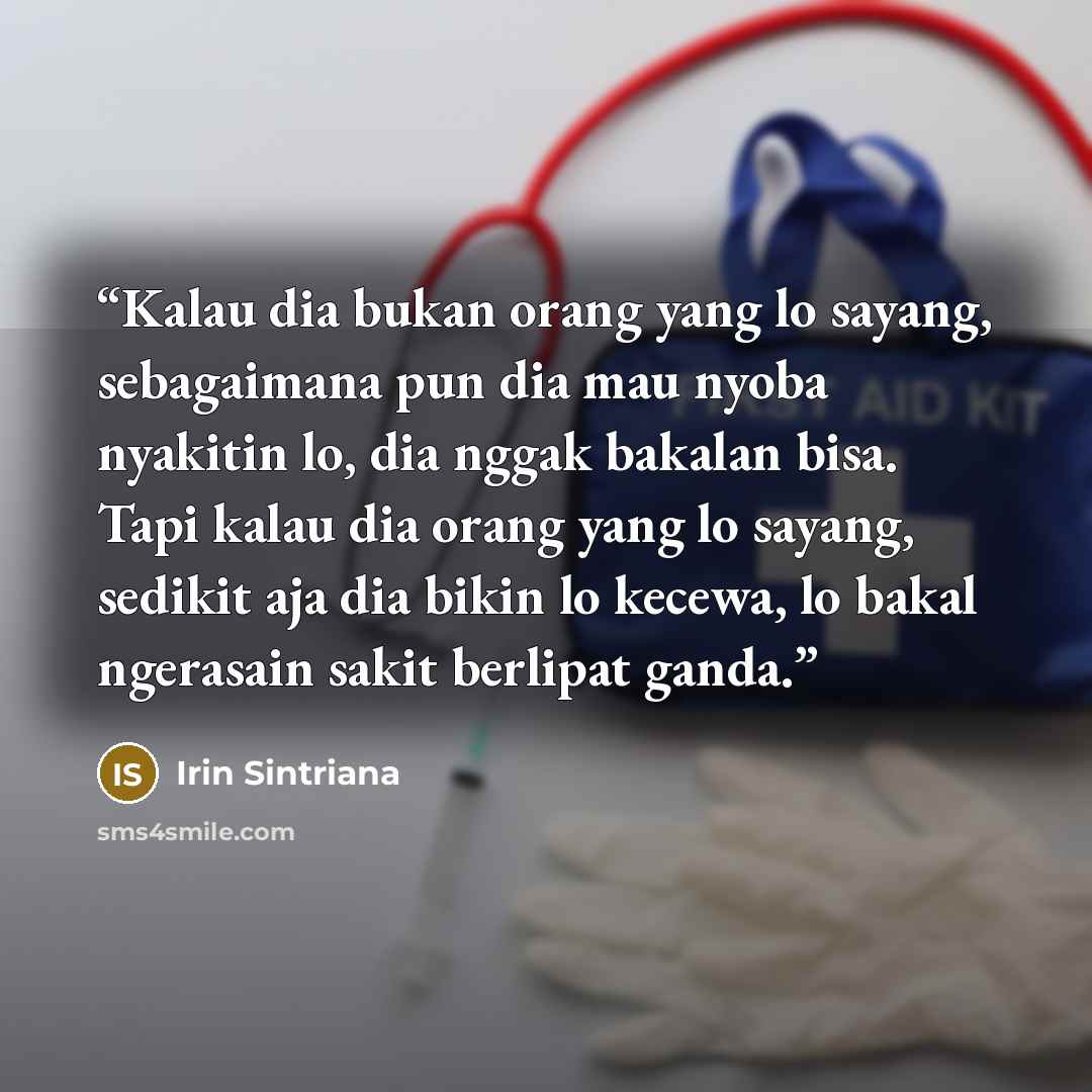“Kalau dia bukan orang yang lo sayang, sebagaimana pun dia mau nyoba nyakitin lo, dia nggak bakalan bisa. Tapi kalau dia orang yang lo sayang, sedikit aja dia bikin lo kecewa, lo bakal ngerasain sakit berlipat ganda.” quote by Irin Sintriana