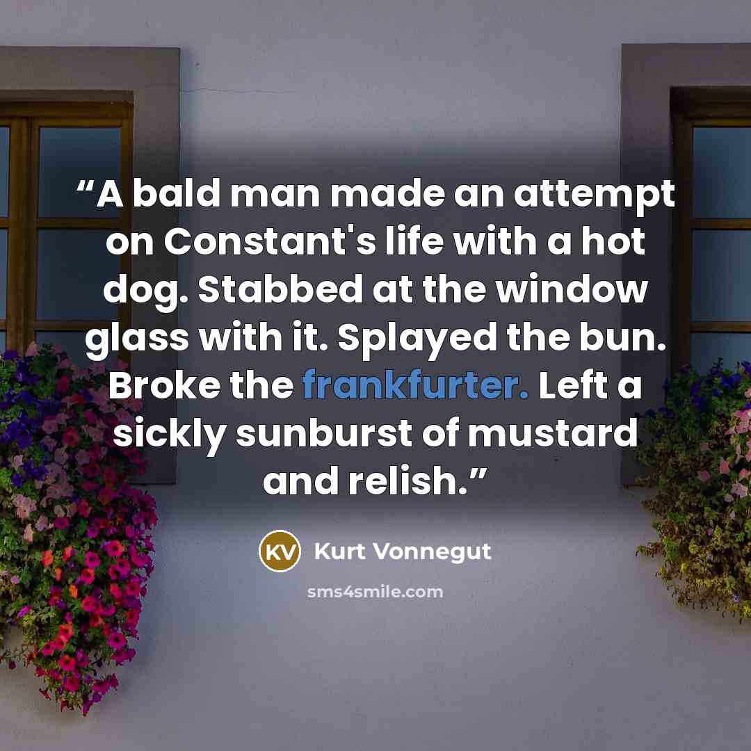 “A bald man made an attempt on Constant's life with a hot dog. Stabbed at the window glass with it. Splayed the bun. Broke the frankfurter. Left a sickly sunburst of mustard and relish.” quote by Kurt Vonnegut