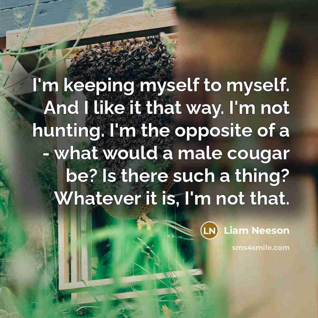 “I'm keeping myself to myself. And I like it that way. I'm not hunting. I'm the opposite of a - what would a male cougar be? Is there such a thing? Whatever it is, I'm not that.” quote by Liam Neeson