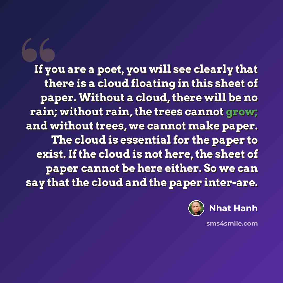 “If you are a poet, you will see clearly that there is a cloud floating in this sheet of paper. Without a cloud, there will be no rain; without rain, the trees cannot grow; and without trees, we cannot make paper. The cloud is essential for the paper to exist. If the cloud is not here, the sheet of…” quote by Nhat Hanh