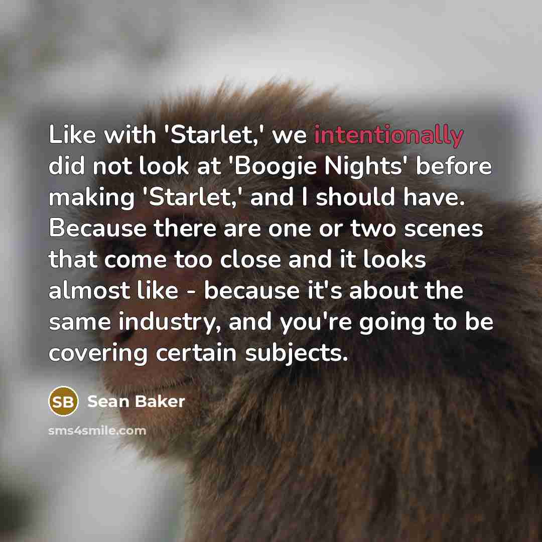 “Like with 'Starlet,' we intentionally did not look at 'Boogie Nights' before making 'Starlet,' and I should have. Because there are one or two scenes that come too close and it looks almost like - because it's about the same industry, and you're going to be covering certain subjects.” quote by Sean Baker