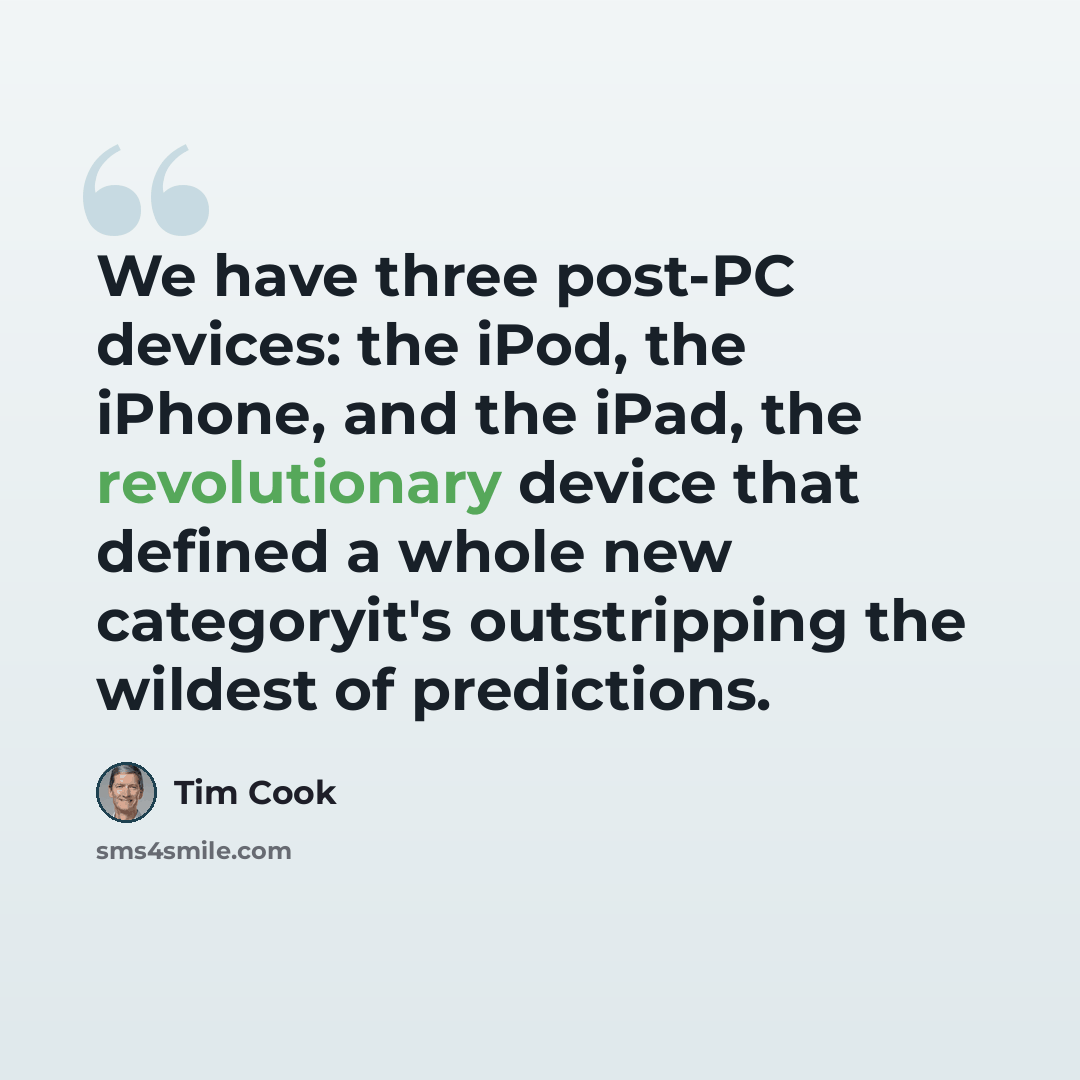 “We have three post-PC devices: the iPod, the iPhone, and the iPad, the revolutionary device that defined a whole new categoryit's outstripping the wildest of predictions.” quote by Tim Cook