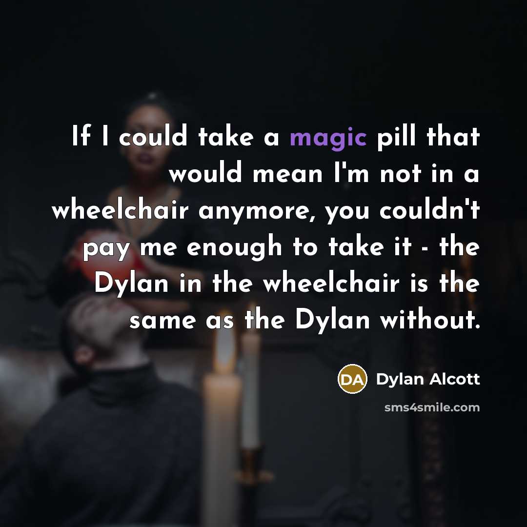 “If I could take a magic pill that would mean I'm not in a wheelchair anymore, you couldn't pay me enough to take it - the Dylan in the wheelchair is the same as the Dylan without.” quote by Dylan Alcott