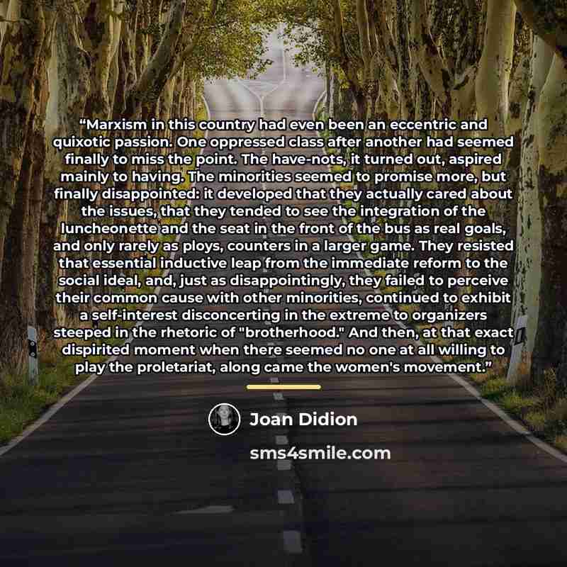“Marxism in this country had even been an eccentric and quixotic passion. One oppressed class after another had seemed finally to miss the point. The have-nots, it turned out, aspired mainly to having. The minorities seemed to promise more, but finally disappointed: it developed that they actually…” quote by Joan Didion