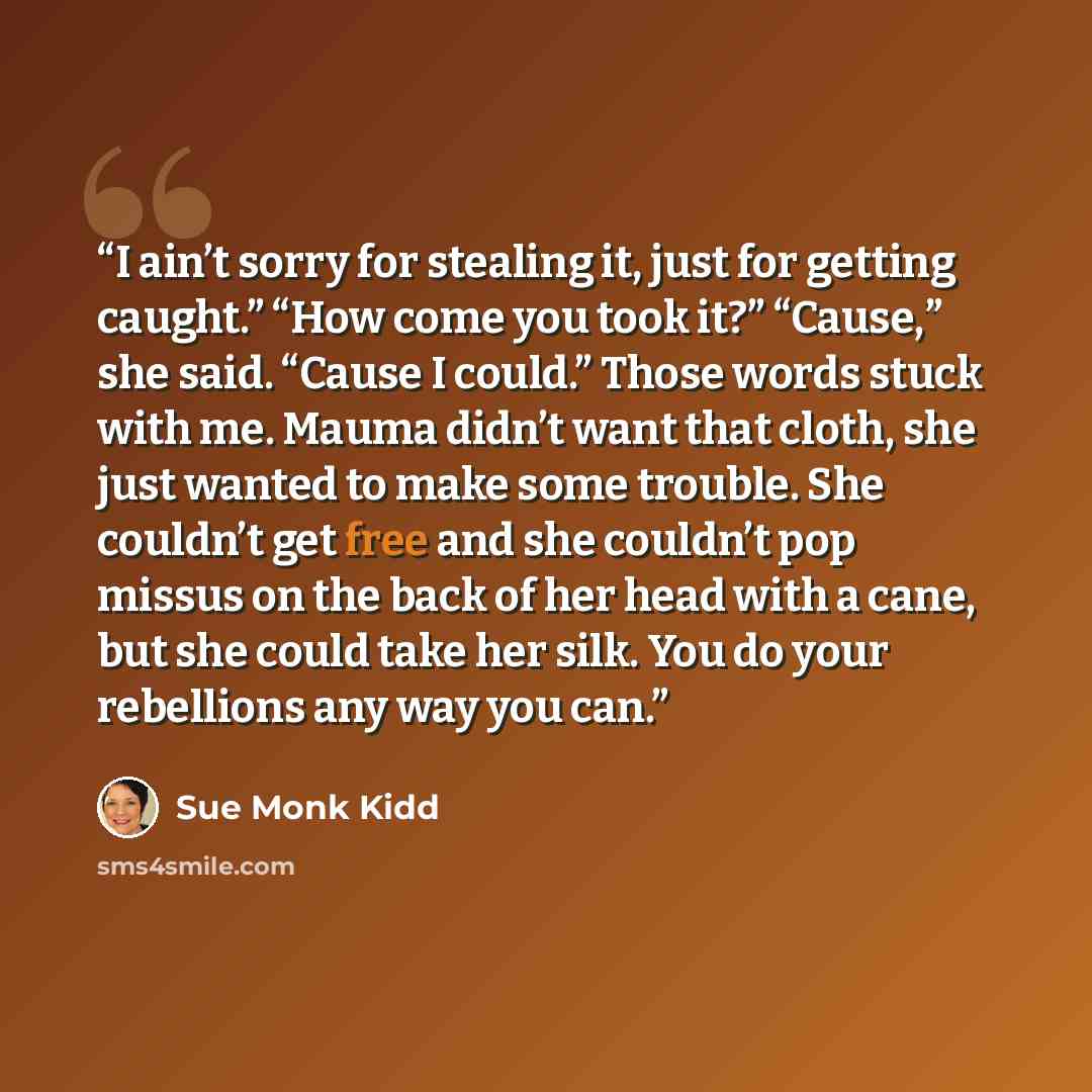 “I ain’t sorry for stealing it, just for getting caught.” “How come you took it?” “Cause,” she said. “Cause I could.” Those words stuck with me. Mauma didn’t want that cloth, she just wanted to make some trouble. She couldn’t get free and she couldn’t pop missus on the back of her head with a cane…” quote by Sue Monk Kidd