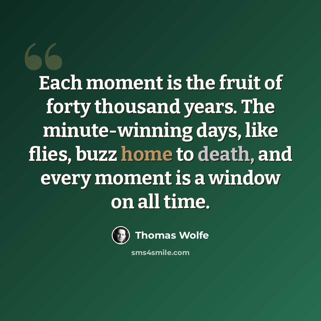 “Each moment is the fruit of forty thousand years. The minute-winning days, like flies, buzz home to death, and every moment is a window on all time.” quote by Thomas Wolfe