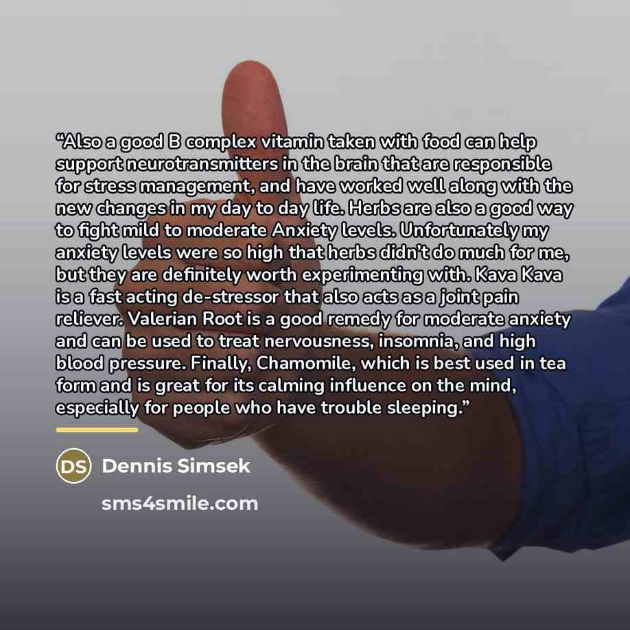 “Also a good B complex vitamin taken with food can help support neurotransmitters in the brain that are responsible for stress management, and have worked well along with the new changes in my day to day life. Herbs are also a good way to fight mild to moderate Anxiety levels. Unfortunately my…” quote by Dennis Simsek